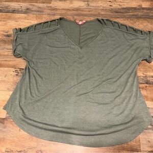 SJS Olive Green V Neck Top 1X Strappy Shoulder Cutout Short Sleeve Casual